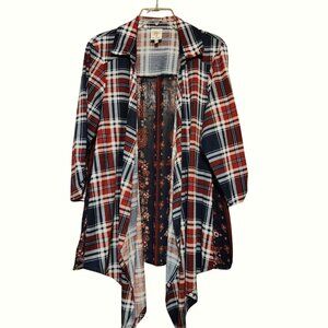 Red & Blue Plaid Open-Front Duster Cardigan With Floral Back Panel Size 1X